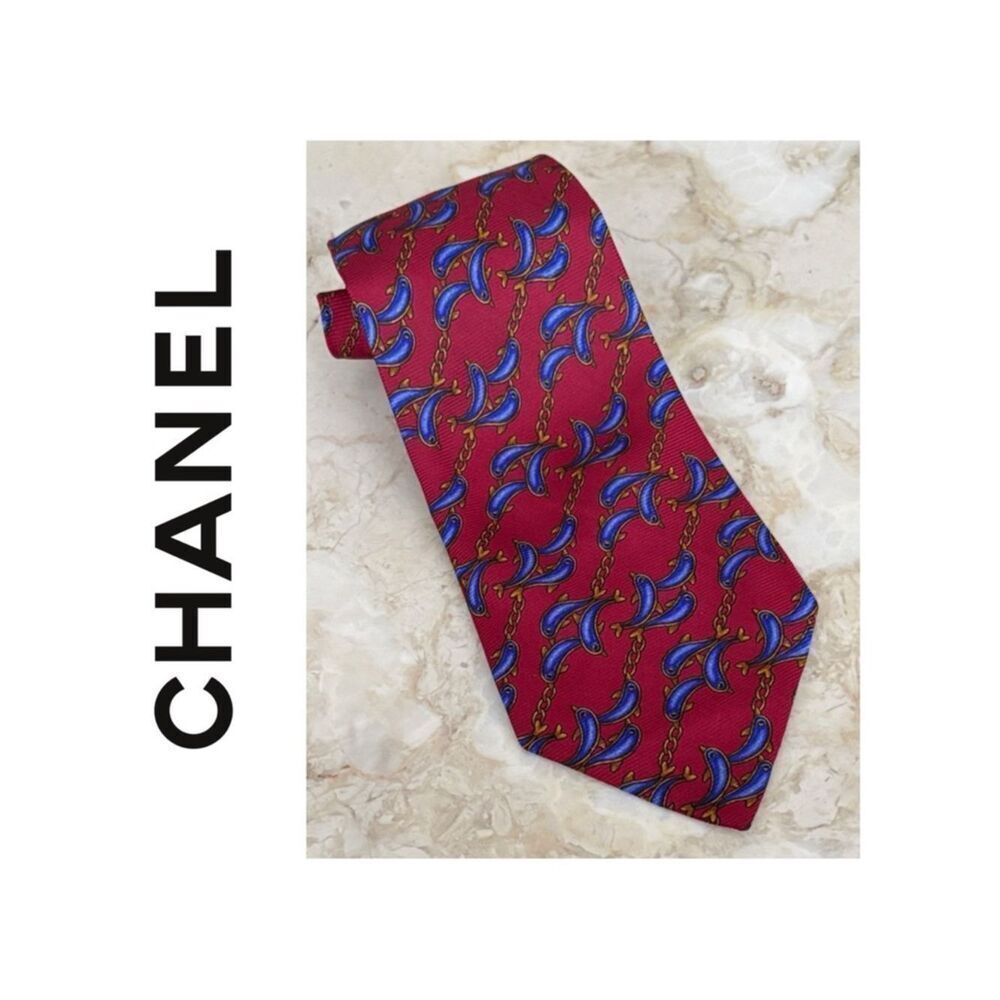 CHANEL Dolphin Pattern 100% Silk Tie Multi-Colour Authentic Luxury